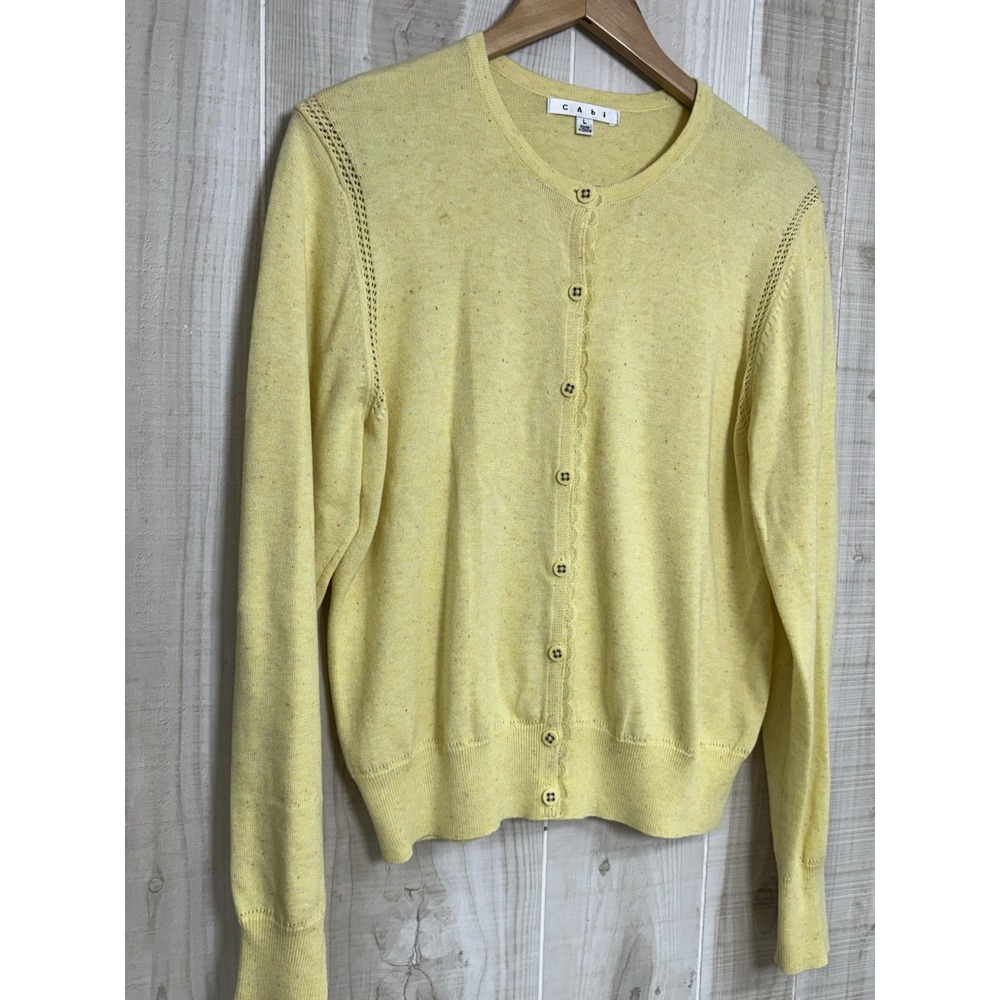 CAbi Cardigan Sweater Yellow Speckled Lace Trim Accent 100% Cotton L Coquette - Picture 2 of 7